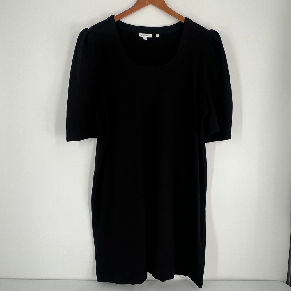 Chico's Black Puff Sleeve Scoop Neck Shift Dress Cotton Modal Knit Size 3 XL